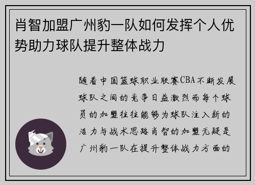 肖智加盟广州豹一队如何发挥个人优势助力球队提升整体战力
