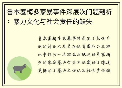 鲁本塞梅多家暴事件深层次问题剖析：暴力文化与社会责任的缺失